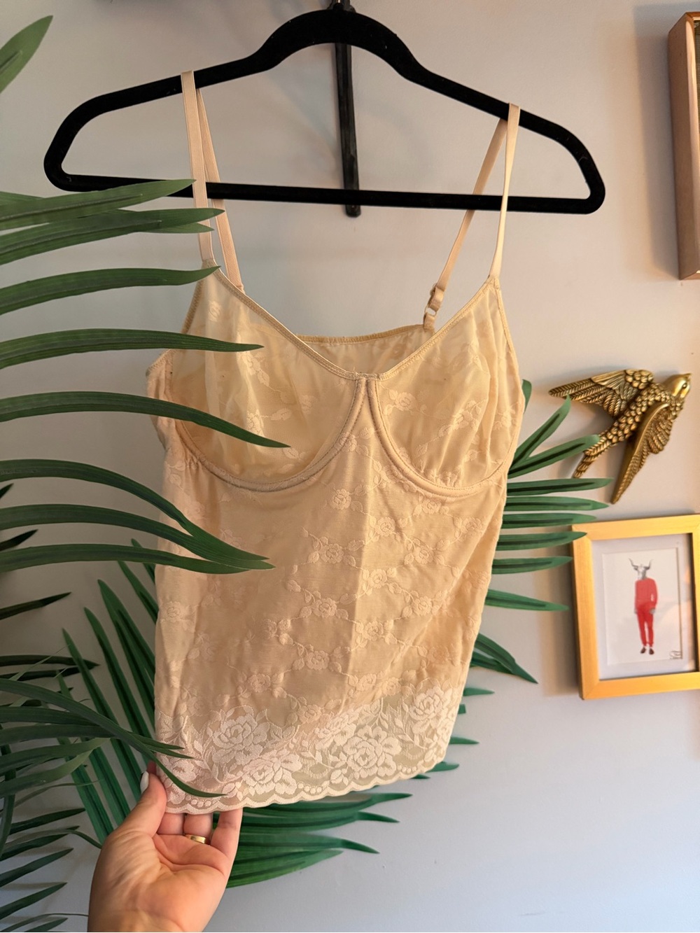 Vintage Cream Lace Camisole Slip Top with Built-In Support